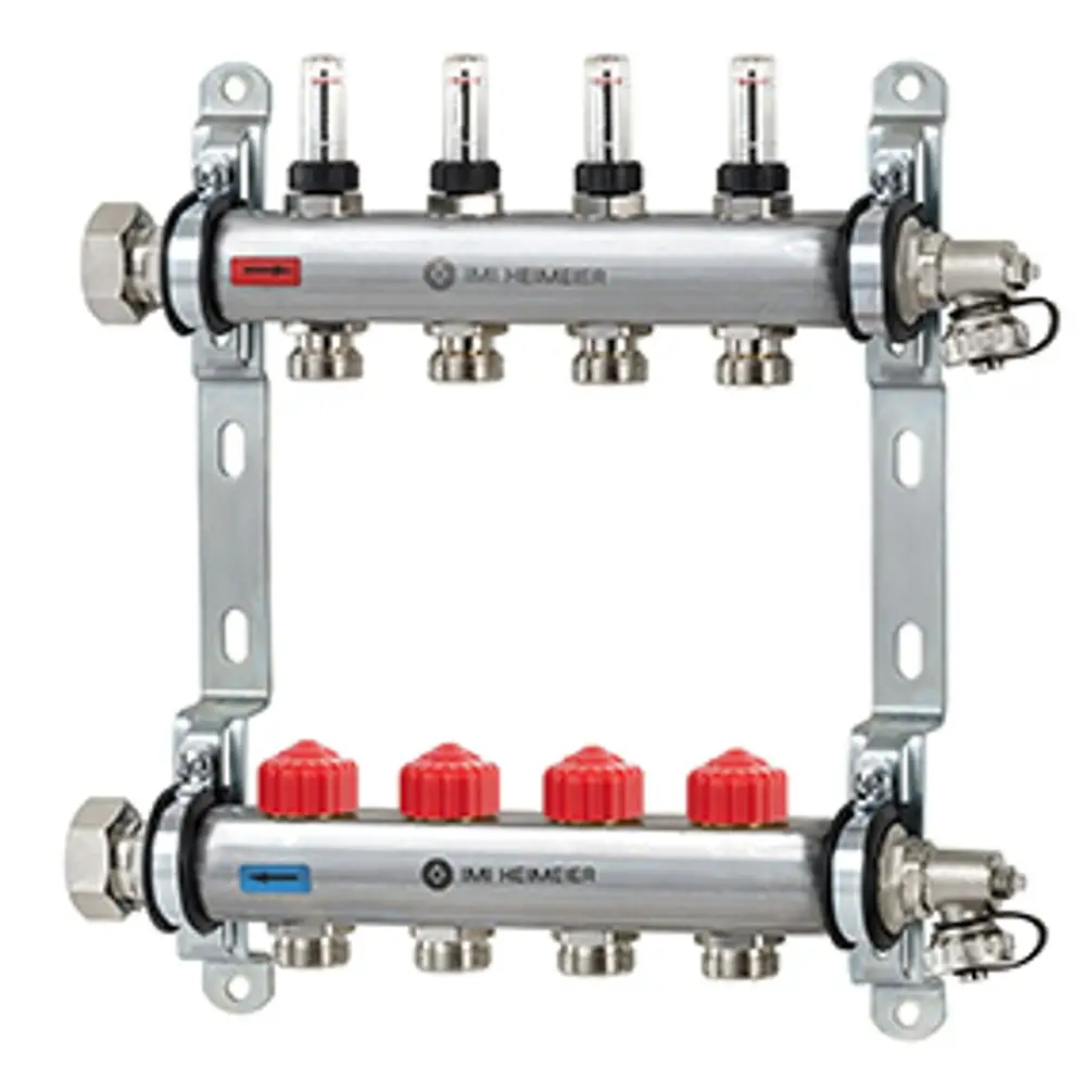 Durchflussregler von IMI Hydronic Engineering mit mehreren Anschlüssen zur Regelung von Heizkreisen, ausgestattet mit Kontrollventilen für präzise Anpassungen.